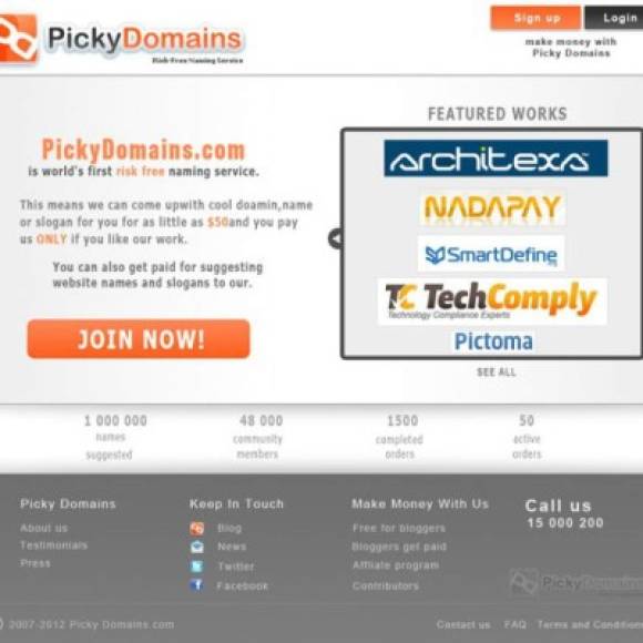 PickyDomains ► Este site ofrece encontrar el dominio más cool para su empresa. Pero no es fácil, PickyDomains tiene una enorme lista de espera de gente que quiere pagar para obtener un elegante, conciso y efectivo dominio en Internet.