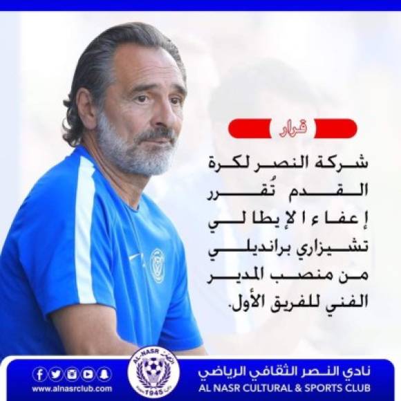 Cesare Prandelli, exseleccionador italiano y antiguo técnico del Valencia, deja de ser, de mutuo acuerdo con el club, entrenador del Al Nasr de la Liga Árabe, tras 8 meses en los Emiratos Árabes.