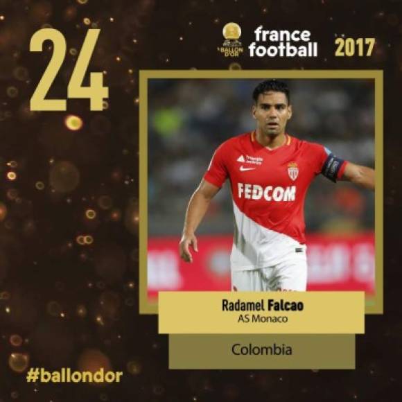 El colombiano Radamel Falcao, del Mónaco, en el puesto 24.