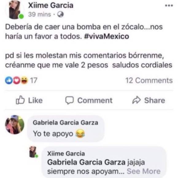 'Debería de caer una bomba en el zócalo… nos haría un favor a todos. #vivaMéxico', escribió Ximena García, primer oficial de Interjet.