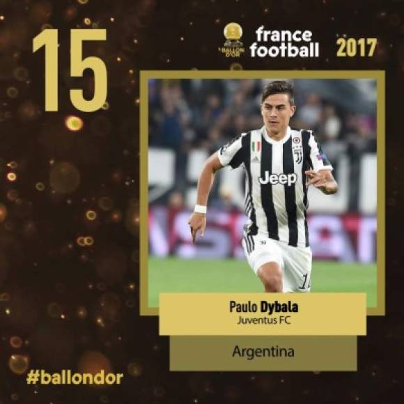 El argentino Paulo Dybala, de la Juventus, en el puesto 15.