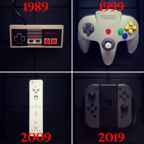 Un meme histórico para los 'gamers'. Los controles del NES (1989), Nintendo 64 (1999), Nitendo Wii (2009) y Nintendo Switch (2019).