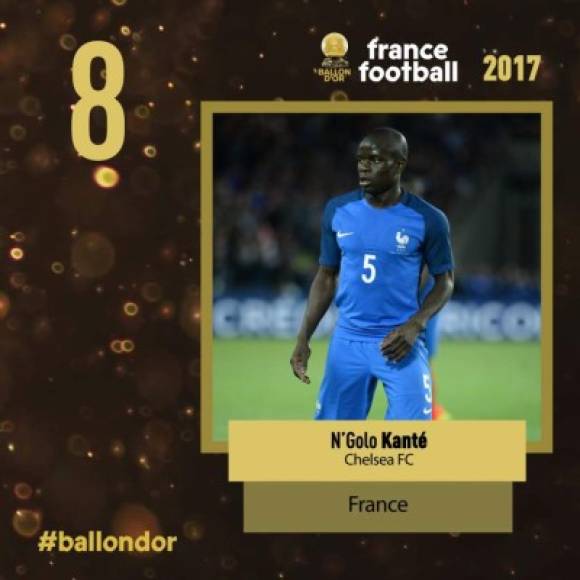 El francés N'Golo Kanté, del Chelsea, en el puesto 8.
