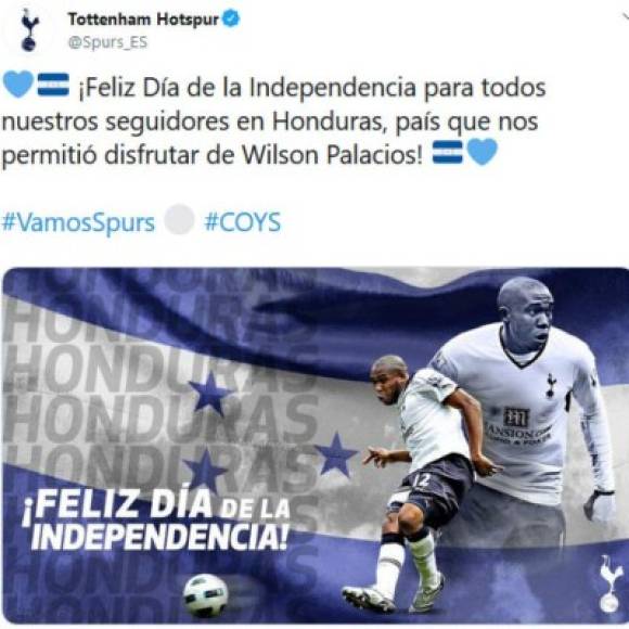 El Tottenham de la Premier League de Inglaterra se unió a los mensajes de felicitación por la independencia de Honduras. El club inglés recordó la etapa del catracho Wilson Palacios.