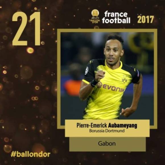 El gabonés Pierre Emerick Aubameyang, del Borussia Dortmund, es quien comparte el puesto 21 con Bonucci.<br/>
