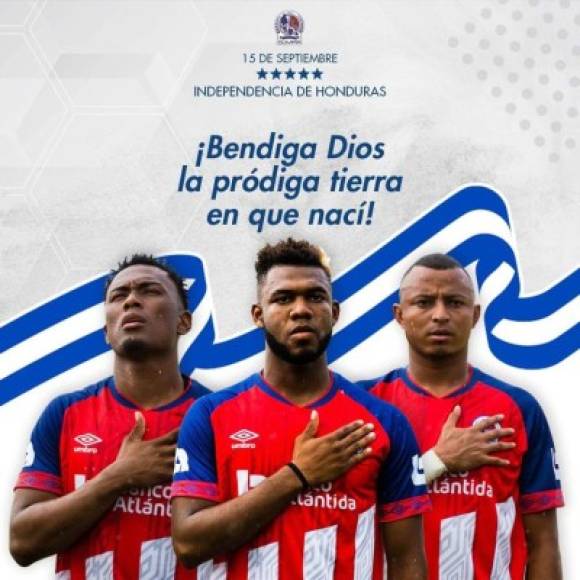 El Olimpia, 30 veces campeón de Honduras, se unió a los mensajes de felicitación con esta linda imagen en la que aparecen los jugadores Deybi Flores, Jorge Benguché y Ovidio Lanza.