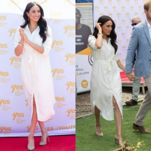 Octubre 02 de 2019<br/><br/>Para concluir su primera gira real por África, Meghan se decantó por un atuendo básico pero muy elegante para la ocasión.<br/><br/>Los pendientes con flecos son de la firma Madewell y el anillo, que ya a usado anteriormente, está firmado por Jennifer Meyer. Los zapatos puntiagudos color 'nude' son de la firma Stuart Weitzman; mientras que el vestido tipo camisero en color blanco resaltó su figura.