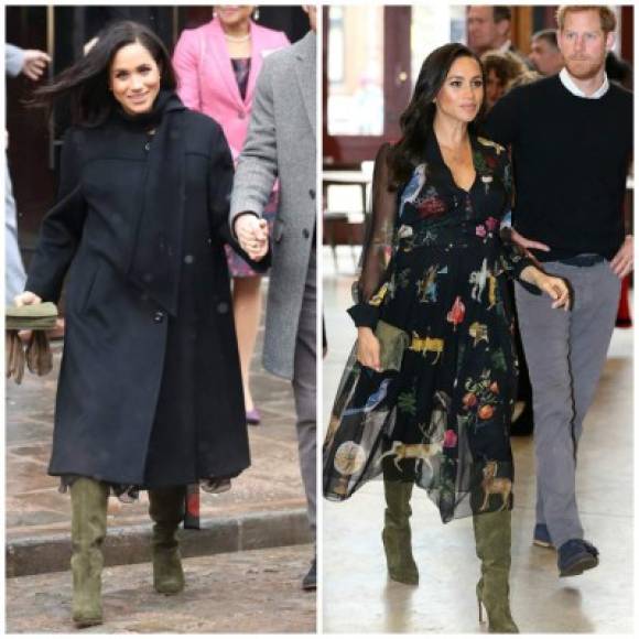 1 DE FEBRERO DE 2019<br/><br/>Meghan usó un vestido impreso de Oscar de la Renta para visitar Bristol con el príncipe Harry. La duquesa complementó el vestido estampado con un clutch verde oliva y botas a juego de Sarah Flint .