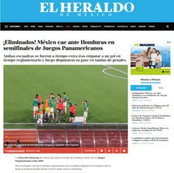 Diario El Heraldo de México - '¡Eliminados! México cae ante Honduras en semifinales de Juegos Panamericanos'.