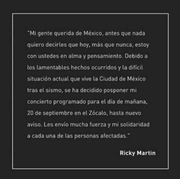 'Estoy con ustedes en alma y pensamiento', escribió Martin en una nota compartida en su cuenta, en la que envió su 'fuerza y solidaridad a cada una de las personas afectadas'.<br/>