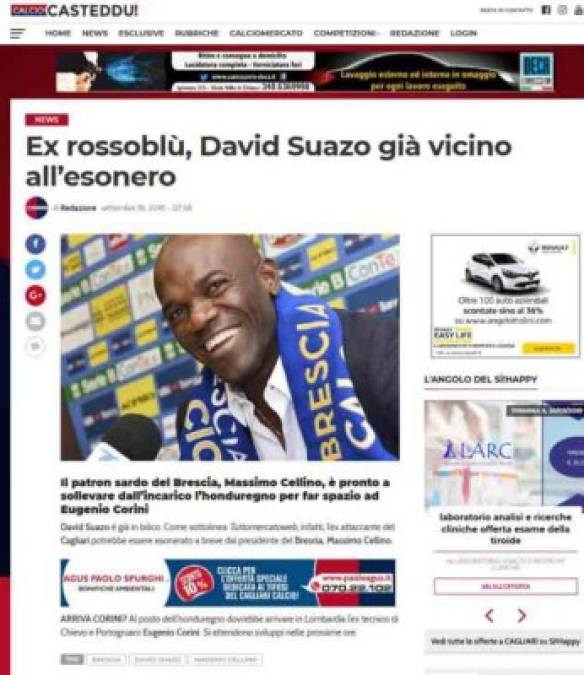 Calcio Casteddu: Señala que el Brescia ya tiene el reemplazo del hondureño David Suazo, se trata de Eugenio Corini.