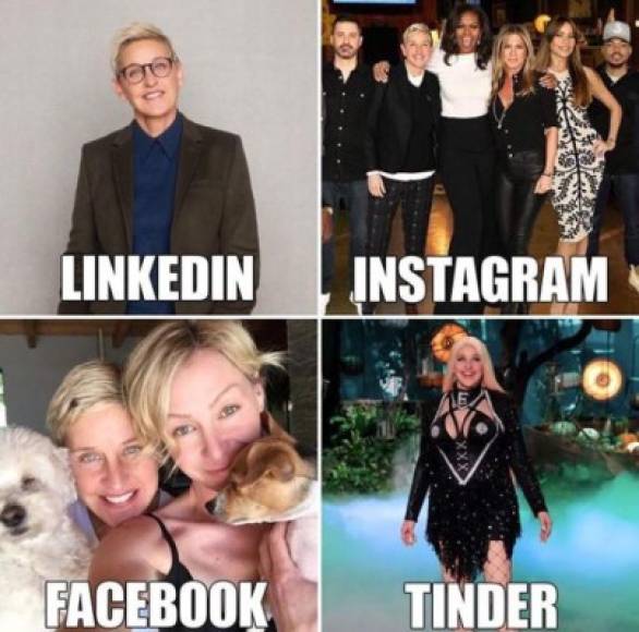 Ellen DeGeneres colgó las fotos que usaría en las distintas redes. 'Cuando mi agente me pregunta si puedo desempeñar diferentes roles', añadió.