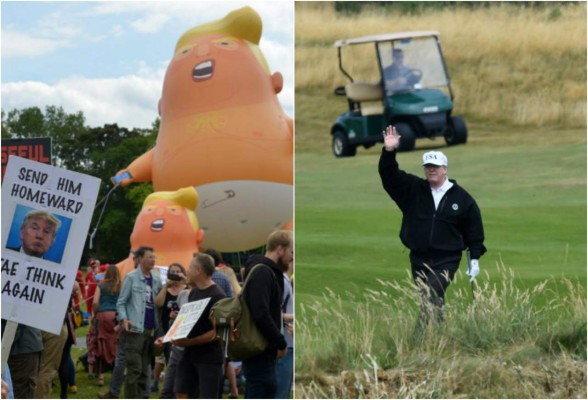 Trump juega al golf en Escocia, miles de opositores en las calles