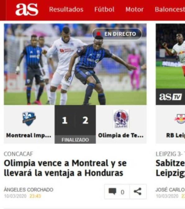 Diario AS de España señala que Olimpia se lleva la ventaja a Honduras.