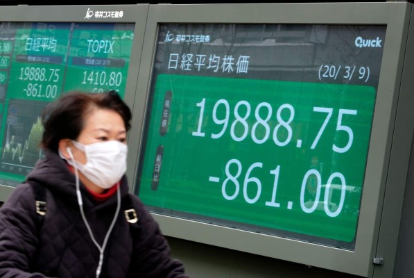A pedestrian walks past a quotation board displaying the share price numbers of the Tokyo Stock Exchange in Tokyo on March 9, 2020. - Tokyo stocks sank more than five percent in early trade March 9 on fears over the new coronavirus and a plunge in oil prices that sent the dollar down against the yen. (Photo by Kazuhiro NOGI / AFP)