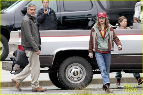 **NO Canada** *EXCLUSIVE* Vancouver, BC - George Clooney and Britt Robertson get chatty on the set of 'Tomorrowland' in Vancouver. George was dressed in a plaid shirt with an olive jacket and khaki pants and Britt was covered up in layers which she paired with a red hat and jeans. It looks like George and Britt were having a good talk as they had some laughs while waiting to film.AKM-GSI September 17, 2013**NO Canada**To License These Photos, Please Contact :Steve Ginsburg(310) 505-8447(323) 423-9397steve@akmgsi.comsales@akmgsi.comorMaria Buda(917) 242-1505mbuda@akmgsi.comginsburgspalyinc@gmail.com