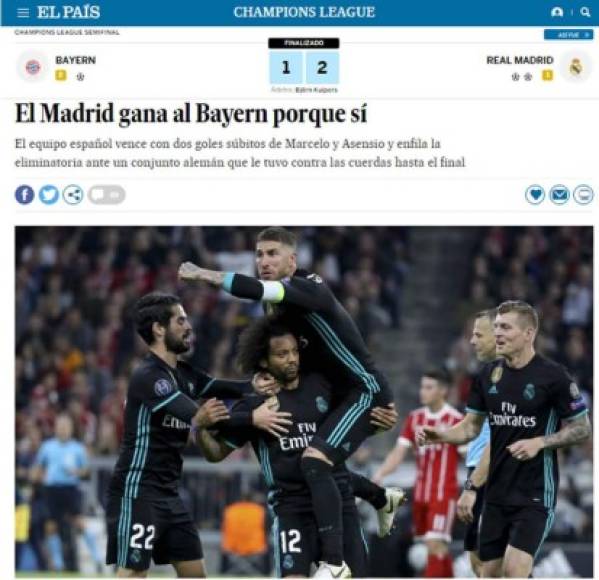 El País de España: 'El Madrid gana al Bayern porque sí'