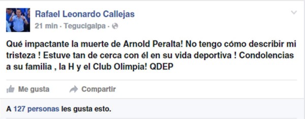 Callejas expresa sus condolencias tras crimen de Arnold Peralta