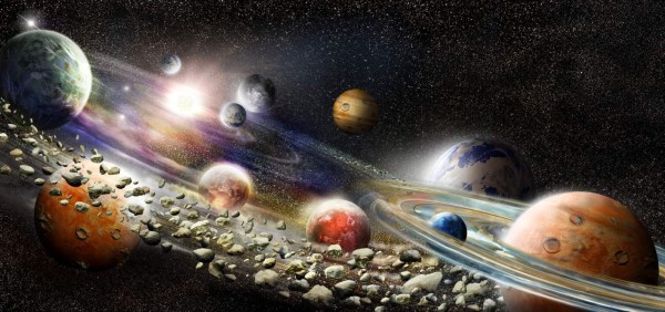 Alien solar system with asteroid ring on space background. No used NASA images