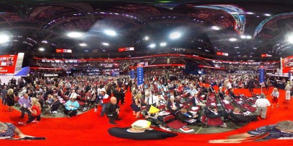 CLEVELAND, OH - JULY 18: (EDITOR'S NOTE: Image was created as an Equirectangular Panorama. Import image into a panoramic player to create an interactive 360 degree view.) A 360 view of delegates crowd the convention floor on the first day of the Republican National Convention on July 18, 2016 at the Quicken Loans Arena in Cleveland, Ohio. An estimated 50,000 people are expected in Cleveland, including hundreds of protesters and members of the media. The four-day Republican National Convention kicks off on July 18. Joe Raedle/Getty Images/AFP== FOR NEWSPAPERS, INTERNET, TELCOS & TELEVISION USE ONLY ==