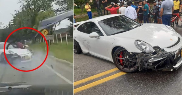 Video de impacto: Porsche choca contra dos camionetas y termina embistiendo a un ciclista