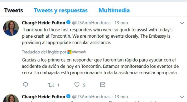 Heide Fulton agradece rescate de estadounidenses en accidente del Toncontín