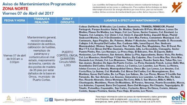 Sin luz se quedarán el viernes estas zonas de Honduras