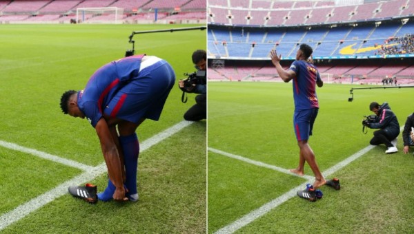 La razón por la que Yerry Mina pisó descalzo el césped del Camp Nou