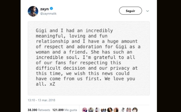Gigi Hadid y Zayn Malik anuncian el fin de su relación