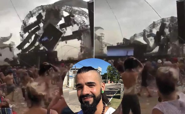 El momento cuando escenario colapsa aplastando a un DJ en festival de música de Brasil