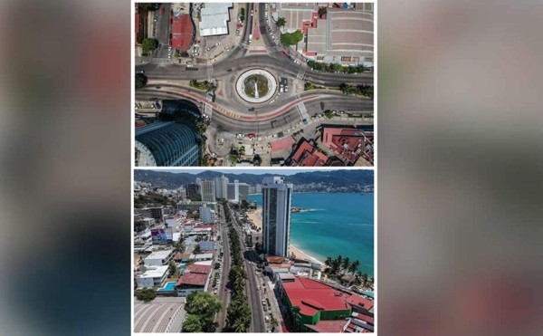 Combo de fotografías tomadas desde un drone, ayer miércoles, que muestra una vista general de la zona hotelera y de playas en el balneario de Acapulc,o en el estado de Guerrero (México). EFE/ David Guzmán