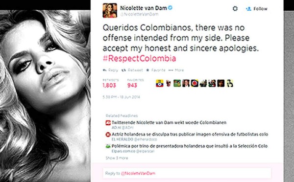 Actriz holandesa publica imagen ofensiva de futbolistas colombianos