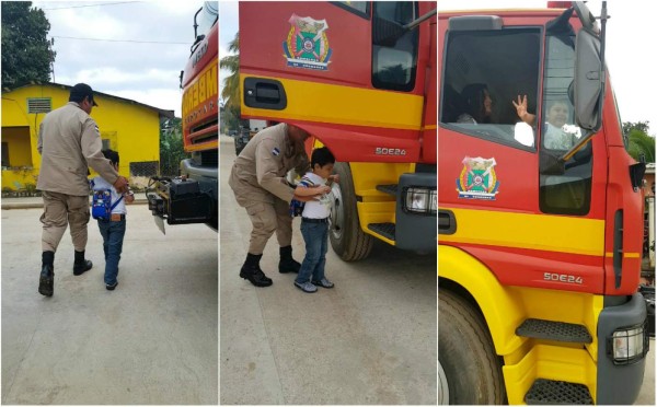 Bomberos le cumplen sueño a niño hondureño en su primer día de kinder