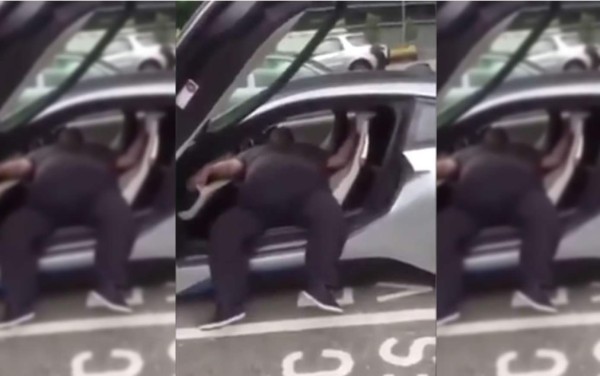 Hombre con sobrepeso queda atrapado en el auto