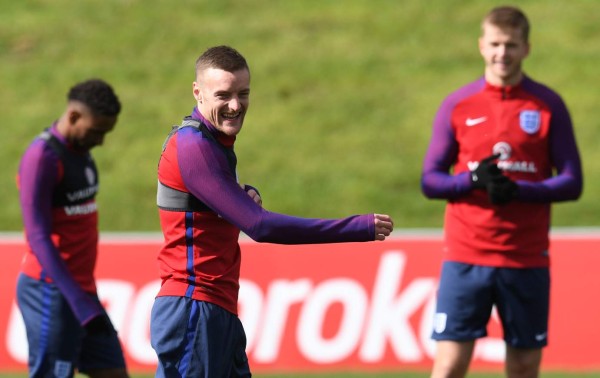 England's striker Jamie Vardy takes part in a team training session at St George's Park in Burton-on-Trent on March 21, 2017, ahead of their friendly international football match against Germany in Dortmund on March 22.After a year scarred by scandal and sporting catastrophe, Gareth Southgate will begin his attempt to steer England into calmer waters in Wednesday's friendly against Germany in Dortmund. / AFP PHOTO / PAUL ELLIS / NOT FOR MARKETING OR ADVERTISING USE / RESTRICTED TO EDITORIAL USE