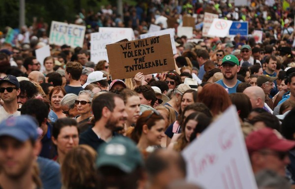 BOSTON, MA - AUGUST 19: Thousands of protesters prepare to march in Boston against a planned 'Free Speech Rally' just one week after the violent 'Unite the Right' rally in Virginia left one woman dead and dozens more injured on August 19, 2017 in Boston, United States. Although the rally organizers stress that they are not associated with any alt-right or white supremacist groups, the city of Boston and Police Commissioner William Evans are preparing for possible confrontations at the afternoon rally. Spencer Platt/Getty Images/AFP