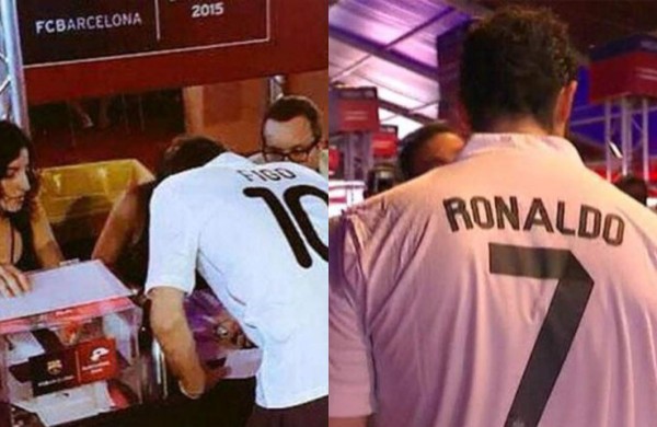 Socios del Barça acuden a votar con camisetas del Real Madrid
