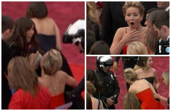 Jennifer Lawrence cae en la alfombra roja de los Oscar 2014