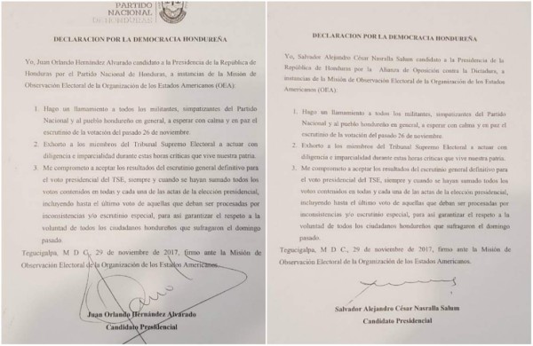 JOH y Nasralla se comprometen a respetar resultados ante la OEA