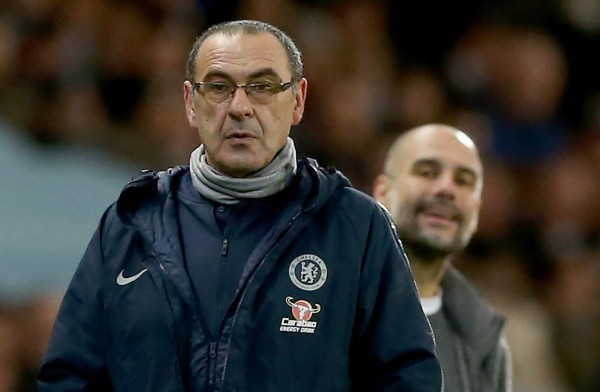 NVR001. Manchester (United Kingdom), 10/02/2019.- Chelsea's manager Maurizio Sarri (L) and Manchester City's manager Pep Guardiola during the English premier league soccer match between Manchester City and Chelsea at the Etihad Stadium in Manchester, Britain, 10 February 2019. EFE/EPA/Nigel Roddis EDITORIAL USE ONLY. No use with unauthorized audio, video, data, fixture lists, club/league logos or 'live' services. Online in-match use limited to 120 images, no video emulation. No use in betting, games or single club/league/player publications
