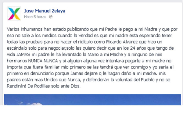 Mel Zelaya no golpea a Xiomara Castro, asegura su hijo