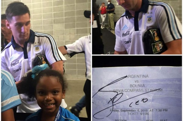 Messi autografió boleto del Argentina-Bolivia a hija de Boniek García