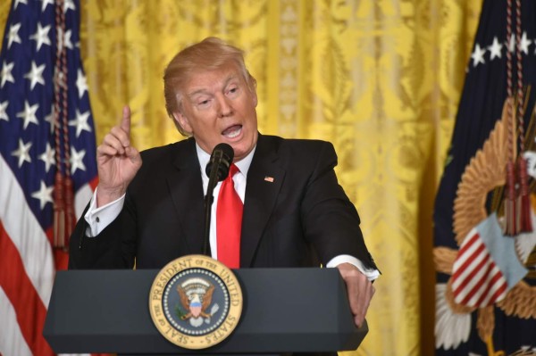 US President Donald Trump speaks during a press conference on February 16, 2017, at the White House in Washington, DC.Trump announced Alexander Acosta as his new nominee to head the US Department of Labor, after his first choice, Andrew Puzder, withdrew from consideration on February 15. / AFP PHOTO / Nicholas Kamm