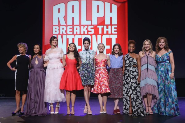 ANAHEIM, CA - JULY 14: (L-R) Actors Paige O'Hara (Belle/BEAUTY AND THE BEAST), Irene Bedard (POCAHONTAS), Mandy Moore (Rapunzel/TANGLED), Auli'i Cravalho (MOANA), Sarah Silverman (Vanellope von Schweetz/RALPH BREAKS THE INTERNET: WRECK-IT RALPH 2), Kristen Bell (Anna/FROZEN), Kelly Macdonald (Merida/BRAVE), Anika Noni Rose (Tiana/THE PRINCESS AND THE FROG), Linda Larkin (Jasmine/ALADDIN), and Jodi Benson (Ariel/THE LITTLE MERMAID) of RALPH BREAKS THE INTERNET: WRECK-IT RALPH 2 took part today in the Walt Disney Studios animation presentation at Disney's D23 EXPO 2017 in Anaheim, Calif. RALPH BREAKS THE INTERNET: WRECK-IT RALPH 2 will be released in U.S. theaters on November 21, 2018. (name of talent) of (name of film) took part today in the Walt Disney Studios animation presentation at Disney's D23 EXPO 2017 in Anaheim, Calif. (name of film) will be released in U.S. theaters on (release date). Jesse Grant/Getty Images for Disney/AFP