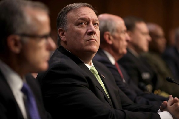 (FILES) In this file photo taken on May 11, 2017 the heads of the United States intelligence agencies, including Central Intelligence Agency Director Mike Pompeo (C) testifiy before the Senate Intelligence Committee in the Hart Senate Office Building on Capitol Hill in Washington, DC. US President Donald Trump Trump has removed Secretary of State Rex Tillerson,and will replace him with CIA Director Mike Pompeo announced on March 13, 2018 in Washington,DC. / AFP PHOTO / GETTY IMAGES NORTH AMERICA / CHIP SOMODEVILLA
