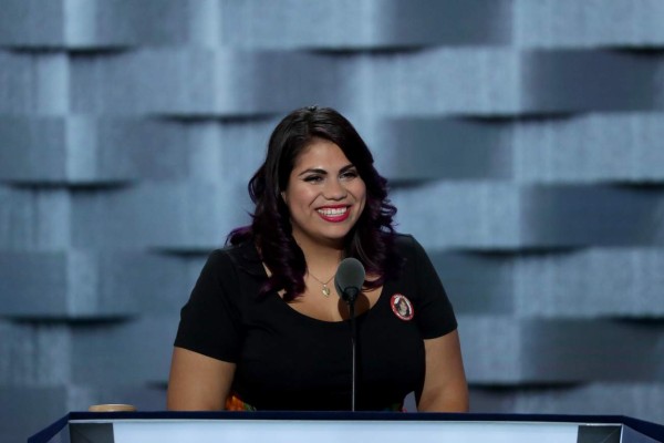 PHILADELPHIA, PA - JULY 25: Astrid Silva delivers remarks on the first day of the Democratic National Convention at the Wells Fargo Center, July 25, 2016 in Philadelphia, Pennsylvania. An estimated 50,000 people are expected in Philadelphia, including hundreds of protesters and members of the media. The four-day Democratic National Convention kicked off July 25. Alex Wong/Getty Images/AFP