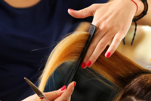 Female hairdresser hold in hand between fingers lock of blonde hair, comb and scissors closeup. Keratin restoration, latest trend, fresh idea, haircut picking, shorten tips, instrument store concept