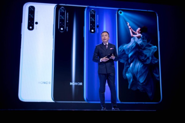 President of Honor, a sub-brand of Chinese telecommunications company Huawei, George Zhao, gives a keynote speech at an event to launch the Honor 20 Series smartphones at Battersea Evolution in London on May 21, 2019. (Photo by Tolga Akmen / AFP)