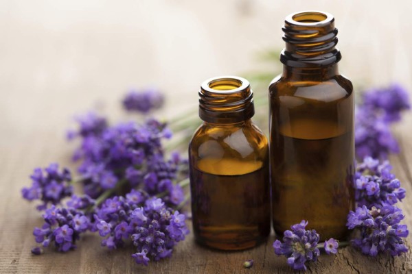 essential oil and lavender flowers