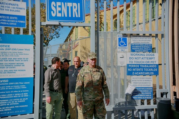 Lt. General Jeffrey Buchanan, who oversees the construction of barbed wire fencing along the United States-Mexico border, tours the border area in San Ysidro, California, on November 9, 2018. (Photo by Sandy Huffaker / AFP)